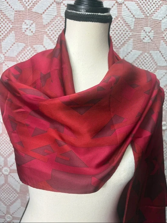 100% Silk Sheer Scarf Wrap | Red Geometric | Lightweight - Picture 4 of 7